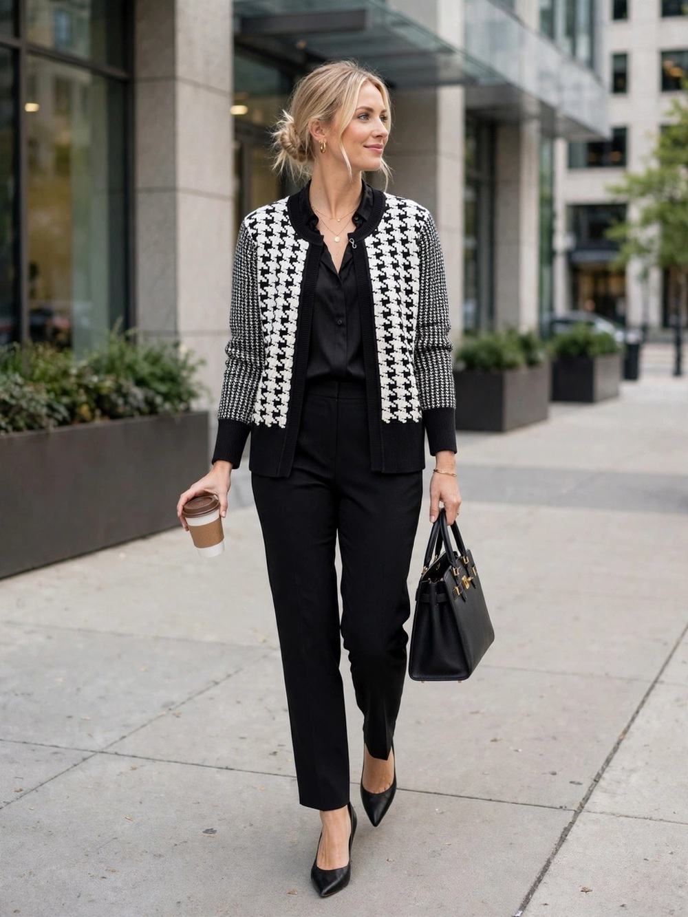 TanJay Black White Houndstooth Cardigan Cotton Blend | Size XL